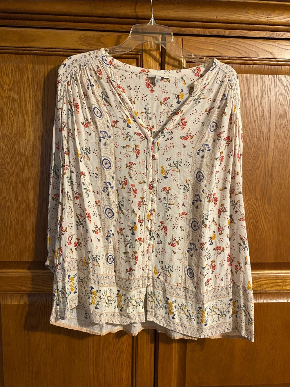 Lucky Brand Cream Floral Peasant Blouse with Blue Accents
